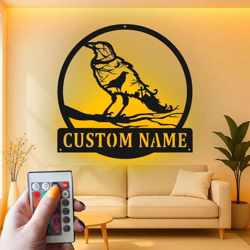 Cartel de metal LED de cuervo personalizado, regalo único para amantes de la naturaleza, acento decorativo para el hogar