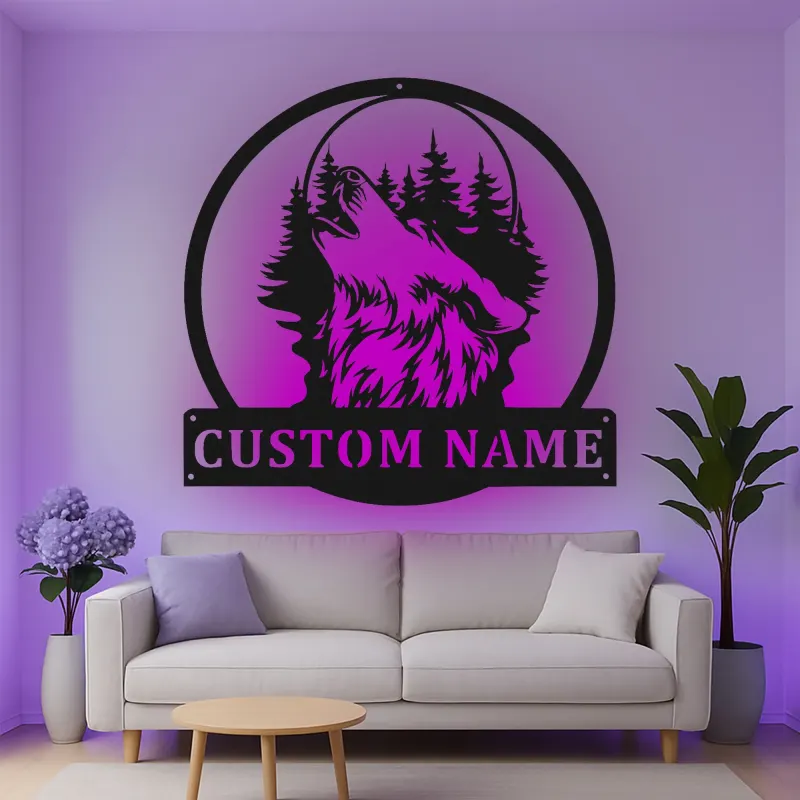Décoration murale en métal personnalisée de loup hurlant avec rétroéclairage LED - Cadeau personnalisé pour les amoureux de la nature - Décor de cabane rustique 1