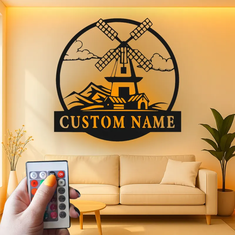 Décoration murale en métal personnalisée avec moulin à vent, lumière LED, cadeau de crémaillère, décoration de ferme rustique