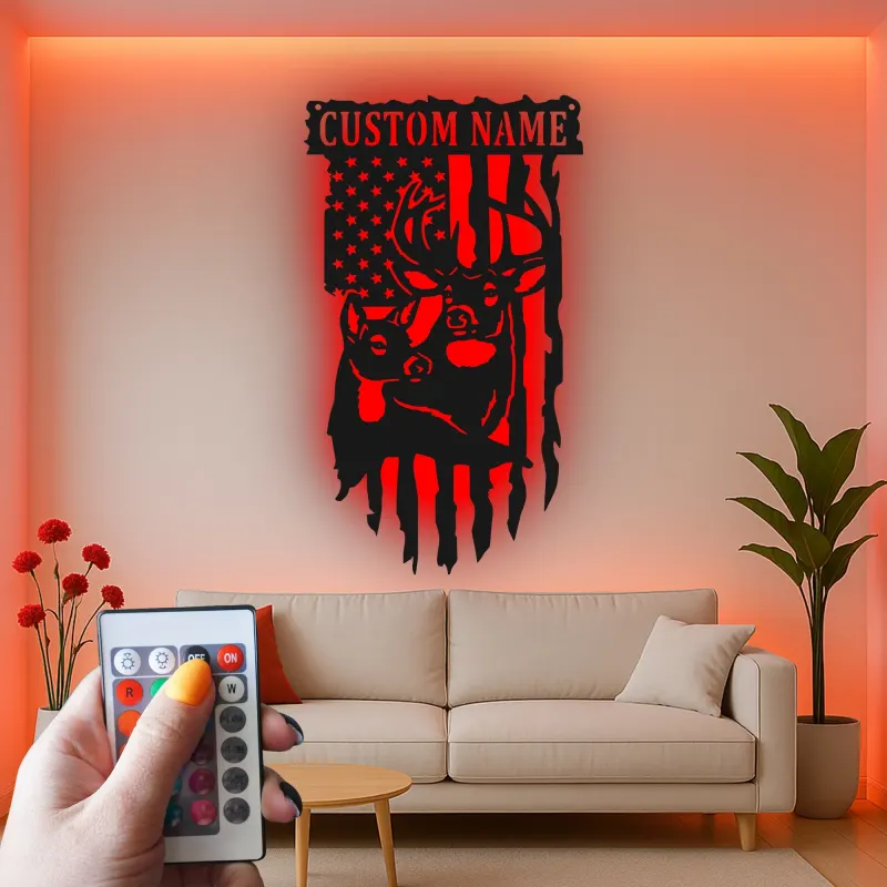 Custom Deer and American Flag Led Light Metal Wall Art Personalized Gift for Hunters Rustic Cabin Decor 1