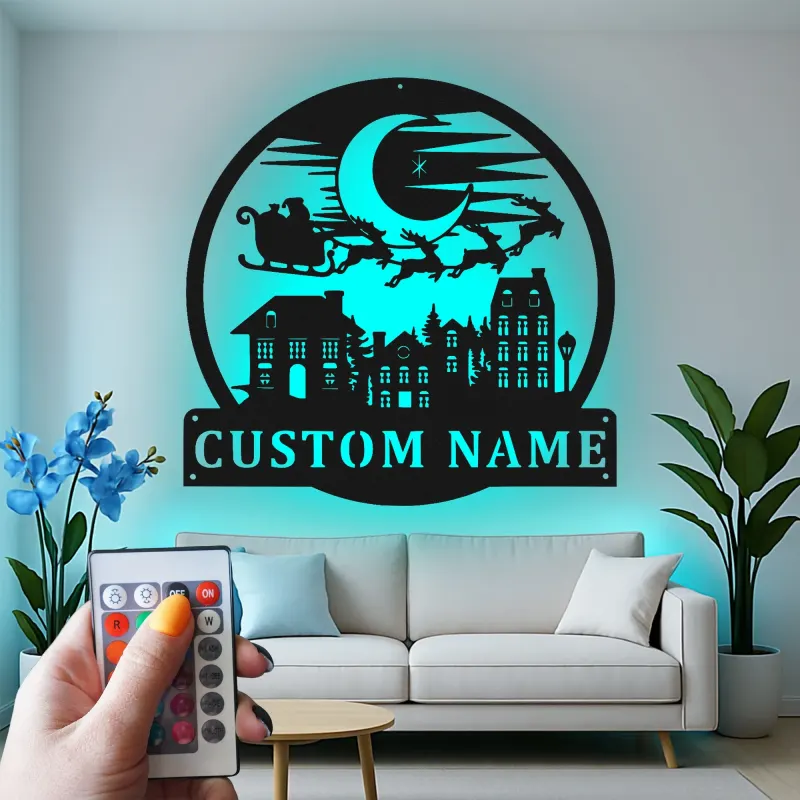 Cartel de metal personalizado de trineo de Santa | Decoración mural navideña LED | Placa de nombre personalizada para hogares y oficinas