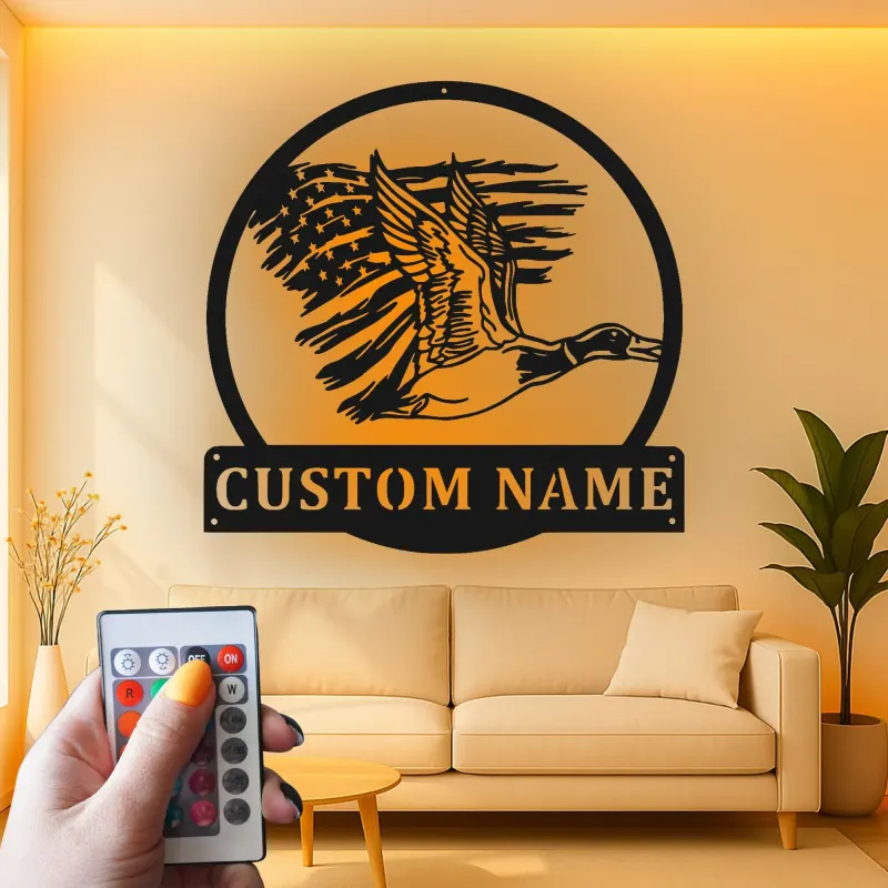 Cartel de metal LED personalizado de pato y bandera americana regalo para cazadores decoración de cabaña rústica