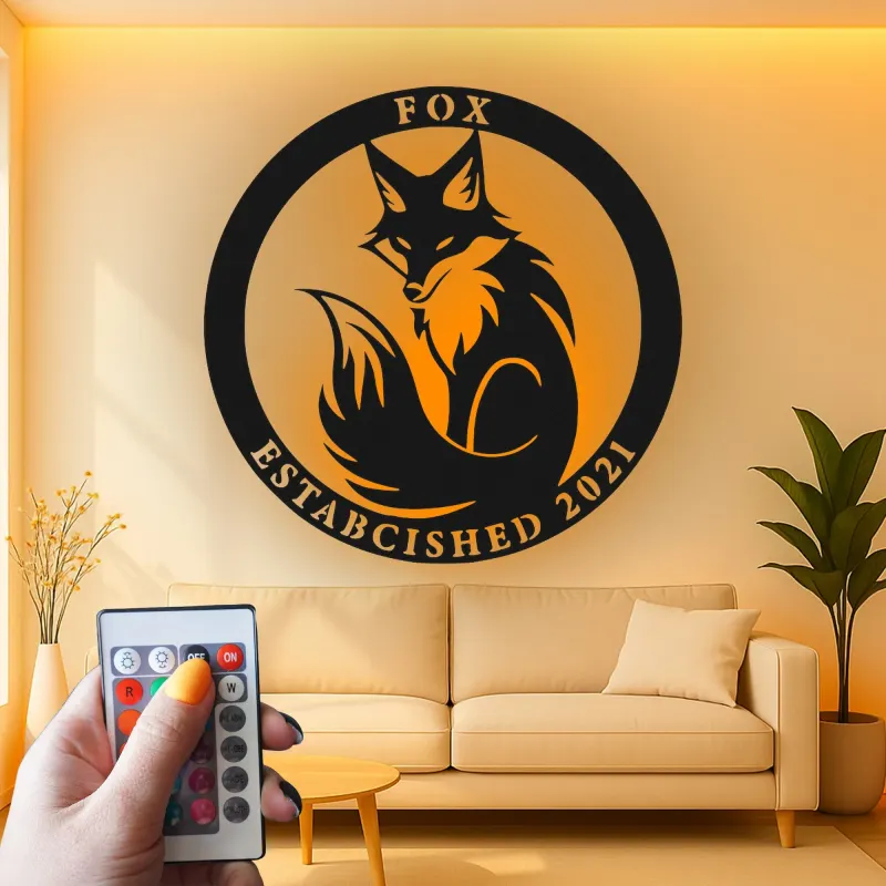 Insegna in metallo LED con volpe su misura | Decorazione murale personalizzata con fauna selvatica | Arredo per baita e regalo per amanti della natura | Logo con data di fondazione