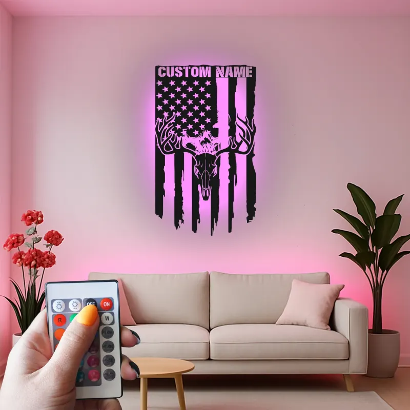 Cartel de metal personalizado con calavera de ciervo y bandera americana, regalo único para cazadores, decoración rústica para cabañas o man cave