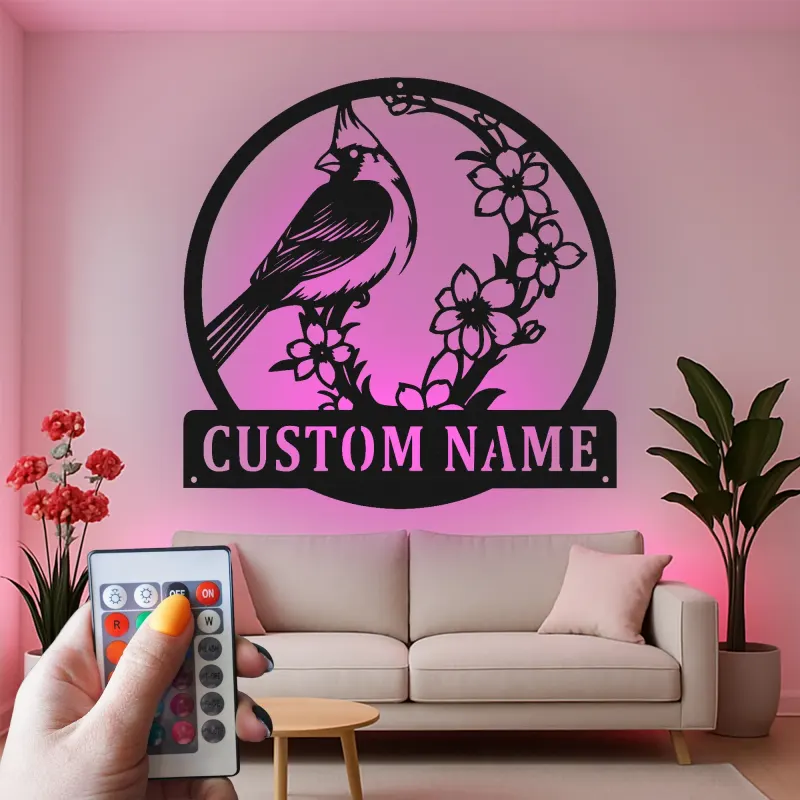 Décoration murale en métal personnalisée avec lumière LED cardinal et fleurs