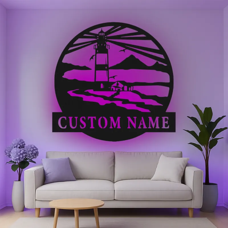 Décoration murale en métal personnalisée avec scène de phare et rétroéclairage pour les amoureux de la plage