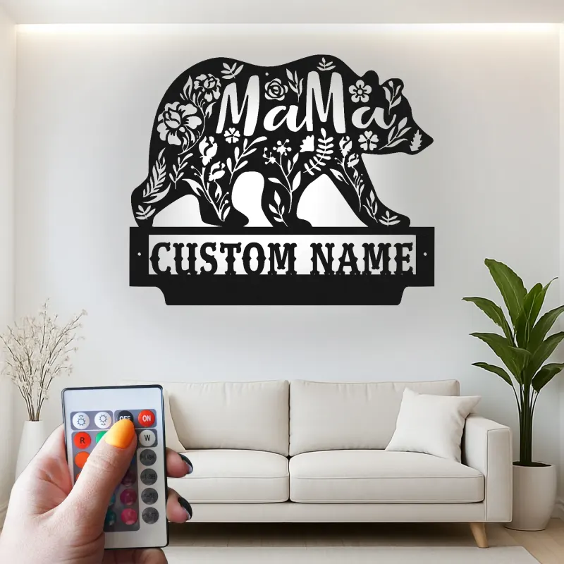 Arte mural de oso mamá | Cartel LED personalizado para cabaña de mamá | Decoración rústica de vida salvaje floral
