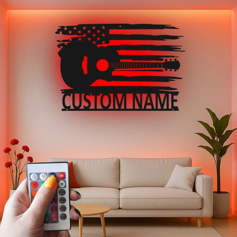 Insegna in metallo Chitarra e bandiera americana | Arte murale LED personalizzata per musicisti | Decorazione patriottica per casa e studio