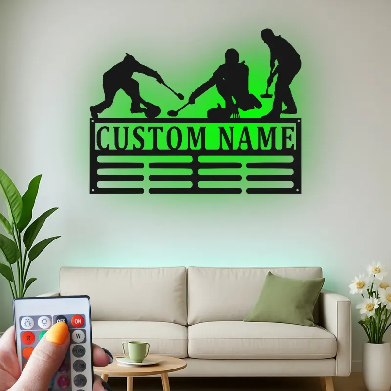 Personalisierte LED-Metall-Wandkunst für Curling-Teams – Sportgeschenk für Athleten, Deko fürs Spielzimmer
