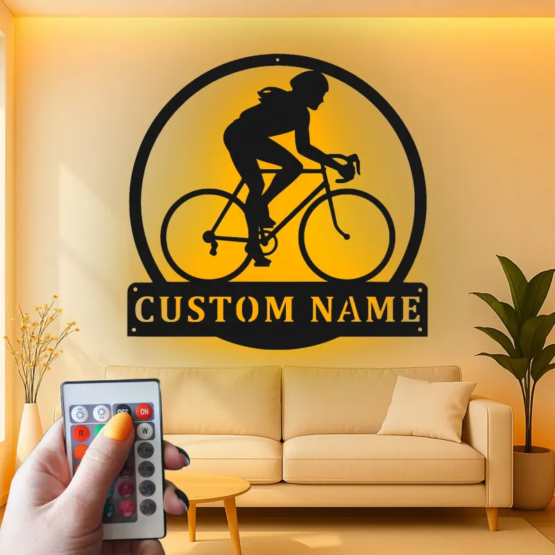Custom Cyclist Led Light Metal Wall Art Personalized Gift for Biking Enthusiasts Garage or Home Gym Decor