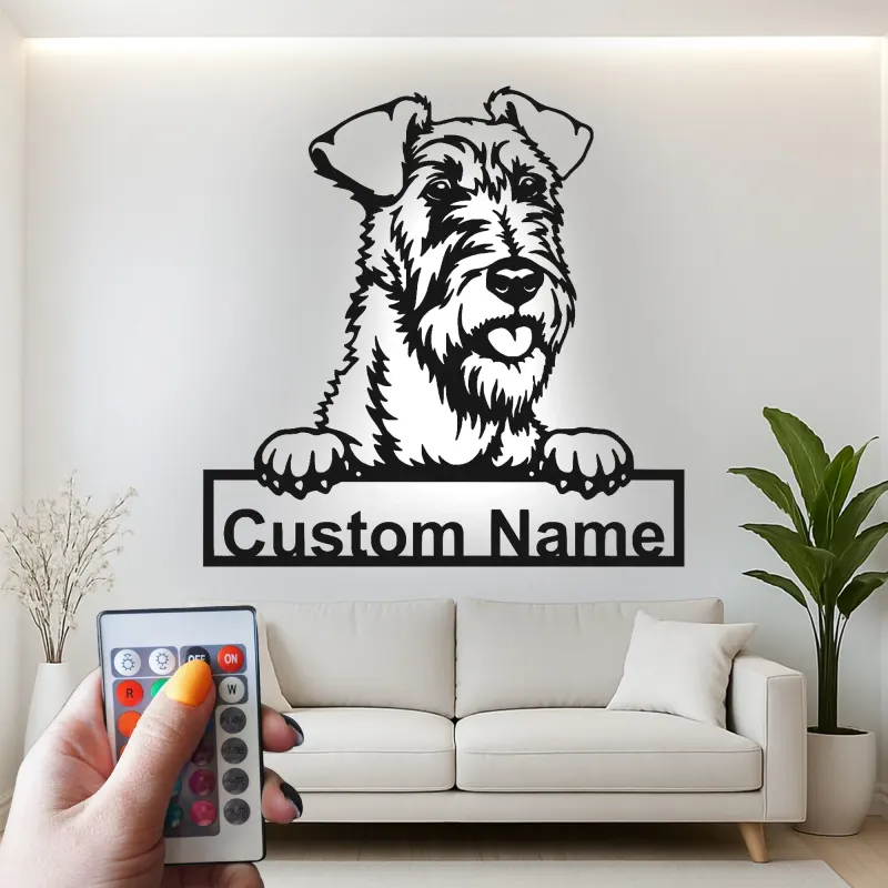 Décoration murale en métal LED personnalisée en forme de terrier Airedale - Cadeau pour les amoureux des chiens - Décor pour le salon