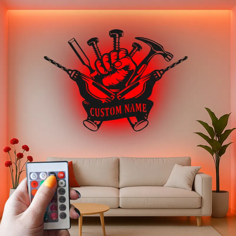 Insegna LED personalizzata per tuttofare | Insegna in metallo personalizzata per officina e garage | Regalo industriale per falegname