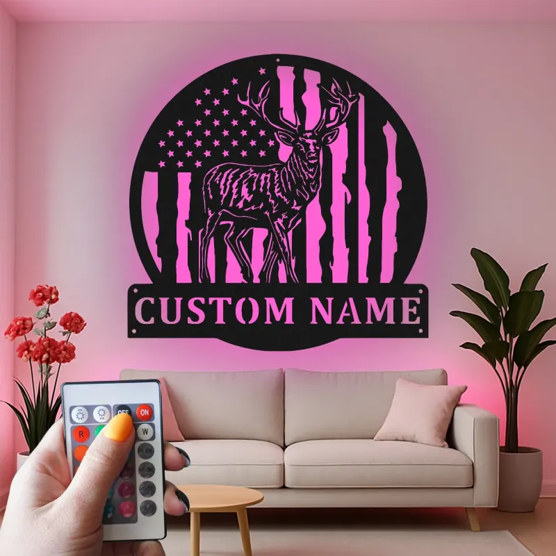 Décoration murale en métal personnalisée avec cerf et drapeau américain, éclairage LED, cadeau personnalisé pour chasseurs, décoration de cabane rustique 4