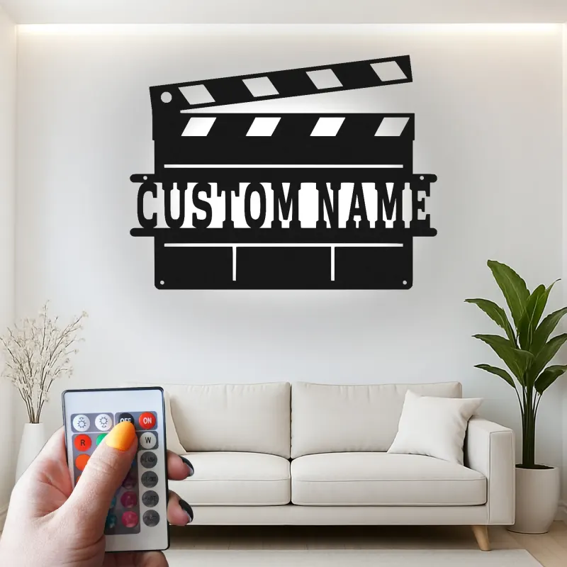 Panneau de Clap de Film Personnalisé | Art mural en métal LED pour Salle de Cinéma à Domicile | Ardoise de Film Personnalisée | Cadeau pour Amoureux du Cinéma