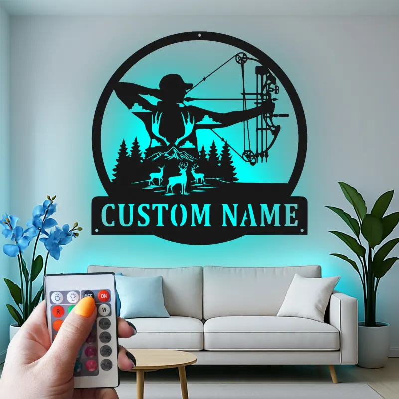 Insegna in metallo personalizzata con LED per cacciatori di archi, regalo personalizzato per arcieri, decorazione per cabin rustica