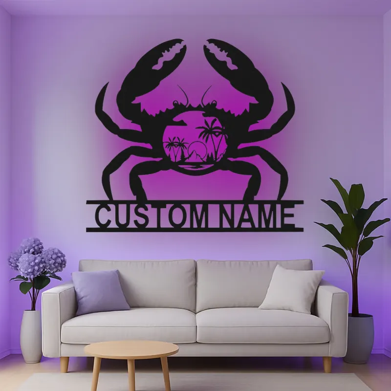 Custom Crab Beach Scene Led Light Metal Wall Art Coastal Gift for Beach Lovers Nautical Decor for Living Room
