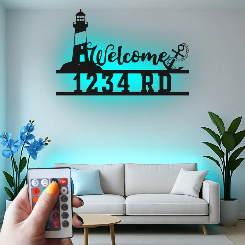 Insegna Indirizzo Faro LED | Arte di Benvenuto in Metallo Personalizzata | Decorazione Nautica per Casa al Mare e Clinica Costiera
