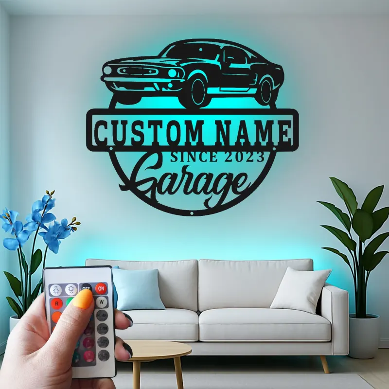 Personalisierte Muscle Car LED-Leuchtschilder | Metall-Wandkunst für die Garage | Individuelle Man Cave Dekoration | Vintage Automobilgeschenk für Papa