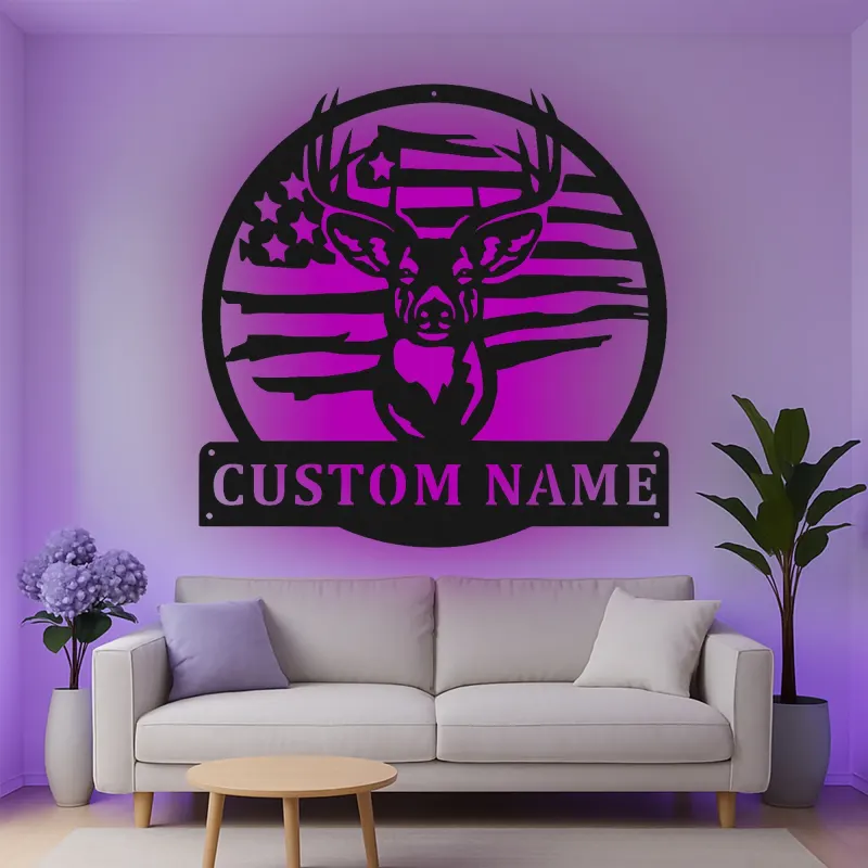 Custom Deer American Flag Led Light Metal Wall Art Personalized Gift for Hunters Rustic Man Cave Decor