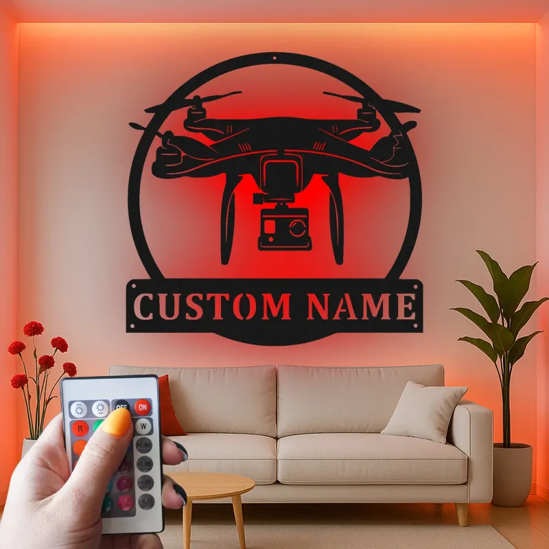 Personalisierte LED-Metall-Wandkunst mit Drohnenmotiv – Geschenk für Drohnenfans, Büro- oder Studio-Deko 1