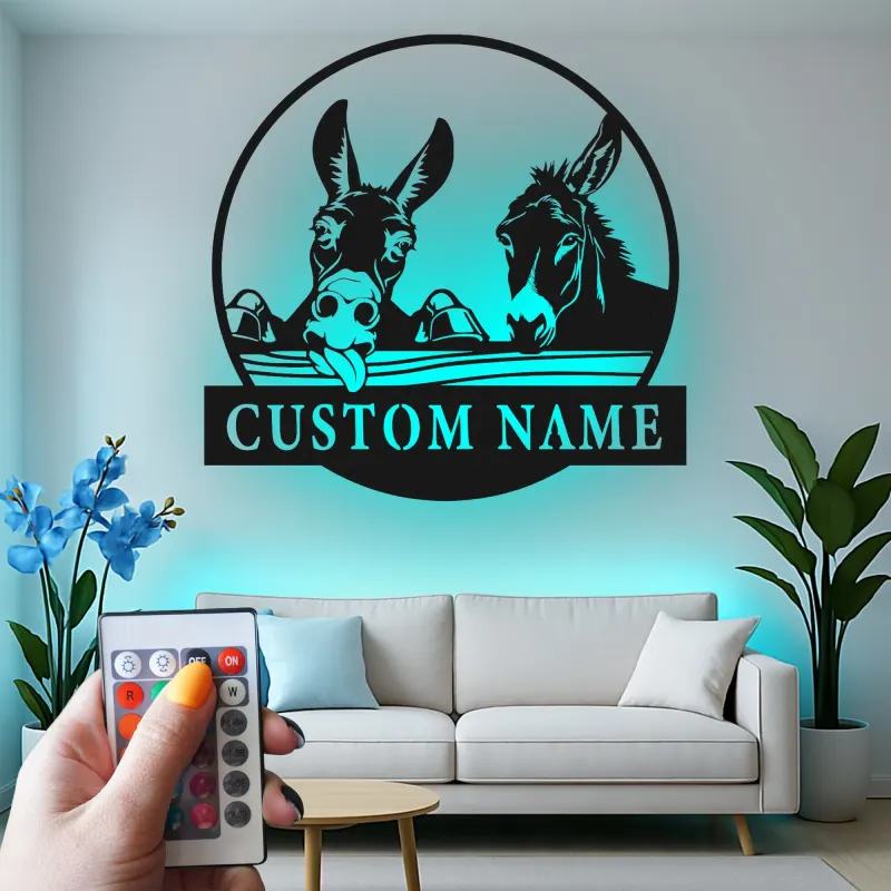 Custom Donkey Duo Led Light Metal Wall Art Personalized Farmhouse Gift Rustic Home Decor for Animal Lovers