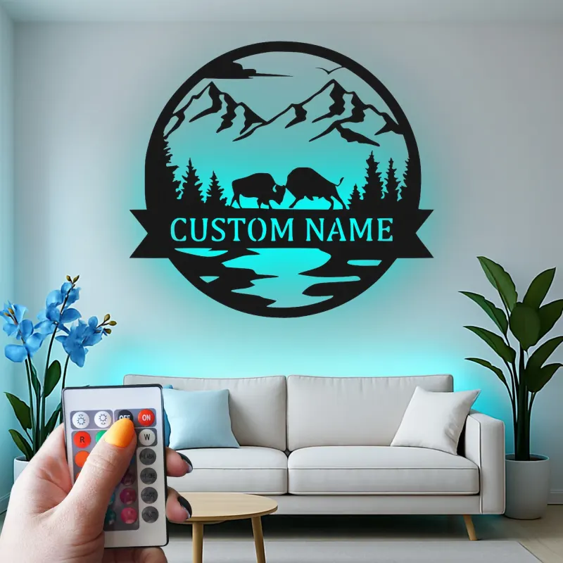 Cartel de metal personalizado con escena de montaña y bisonte iluminado LED, regalo para amantes de la naturaleza, decoración para cabañas o lodges