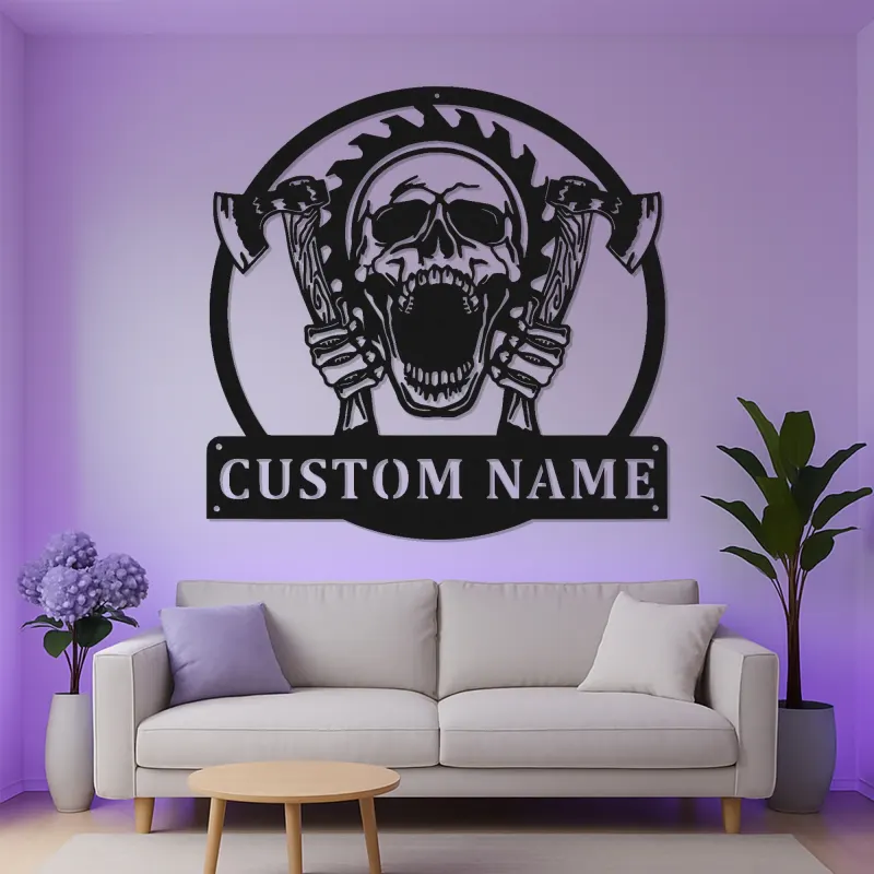 Cartel LED de Calavera y Hachas Personalizado | Decoración Gótica para Cueva de Hombres | Arte de Horror Personalizado | Regalo de Garaje para Él