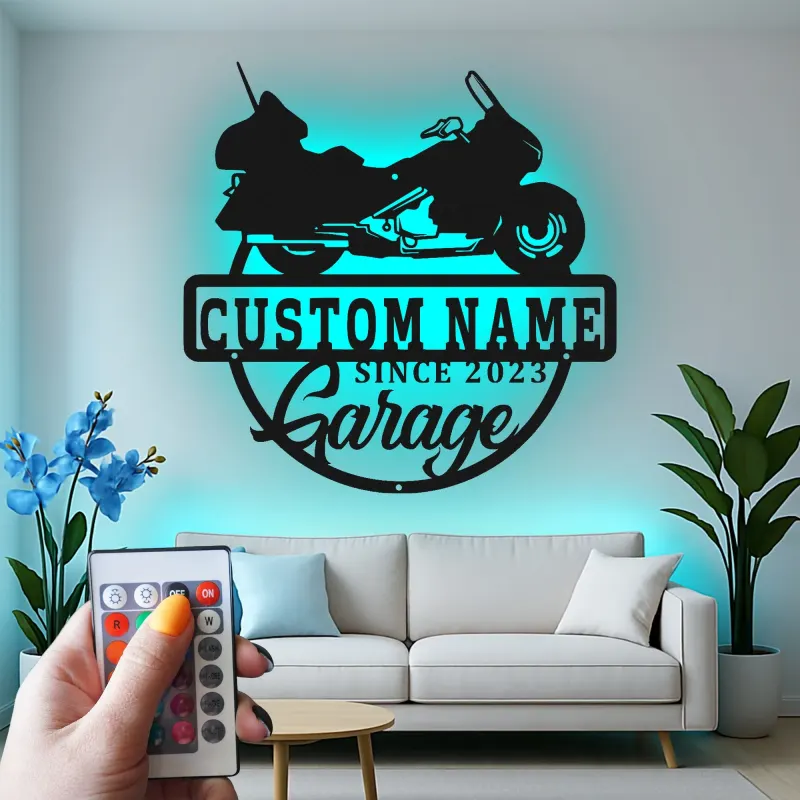 Personalized Motorcycle Garage Sign | LED Metal Wall Art for Man Cave | Custom Biker Dad Gift | Cruiser Bike Decor