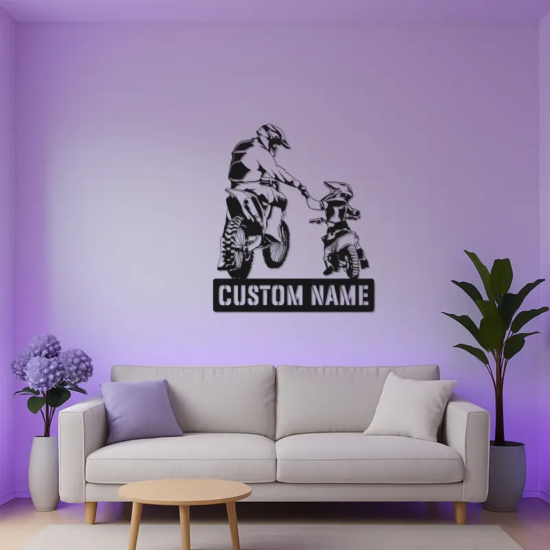 Cartel de Motocicleta Personalizado para Padre e Hijo | Arte de Pared LED para Motocross | Regalo Personalizado para Papá
