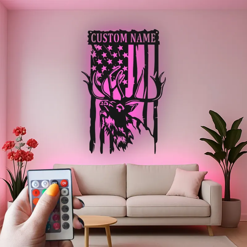 Décoration murale en métal personnalisée avec cerf et drapeau américain, éclairage LED, cadeau personnalisé pour chasseurs, décoration de cabane rustique 3