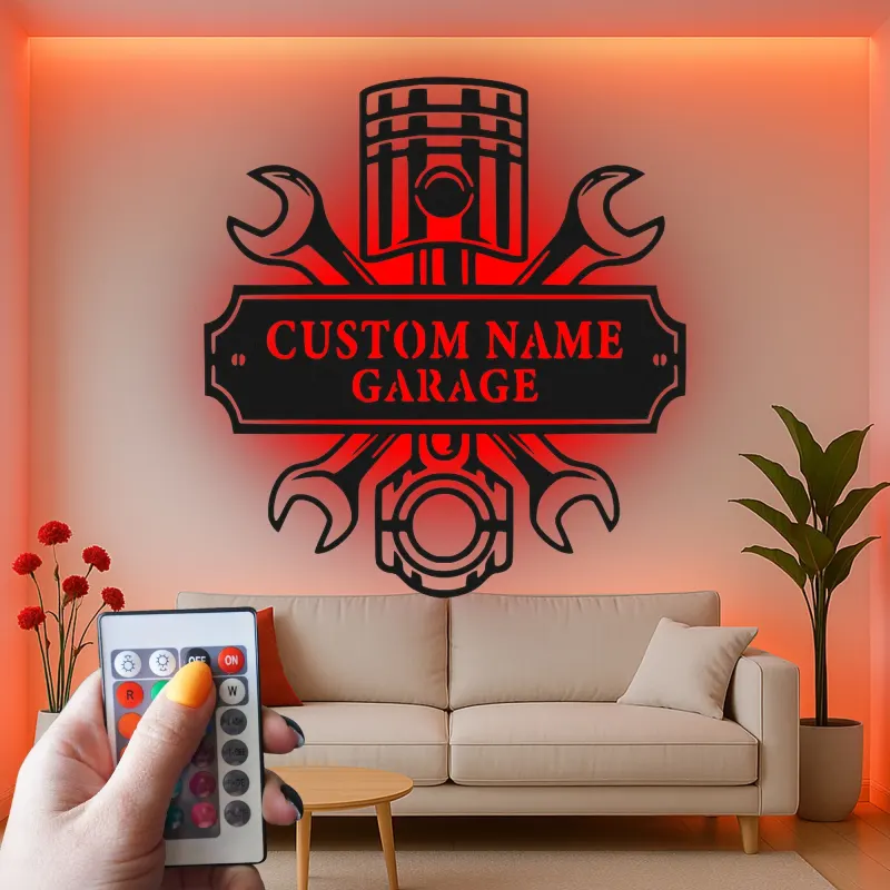 Personalisierte Garage LED-Schild | Individuelle Metall-Wandkunst für Mechaniker | Geschenk für Autoliebhaber