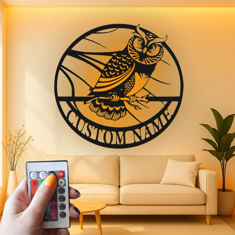 Great Horned Owl Metal Wall Art | Personalized LED Name Sign | Custom Bird Silhouette Decor for Home & Office | Nature Lover Gift