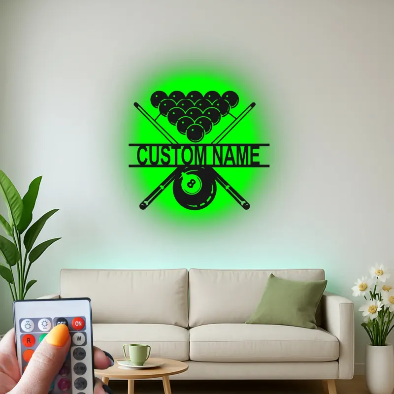 Arte murale in metallo LED Biliardi Personalizzata | Insegna per sala giochi di Pool Room | Decorazione illuminata 8 Ball e Stecca | Regalo per sala giochi per lui