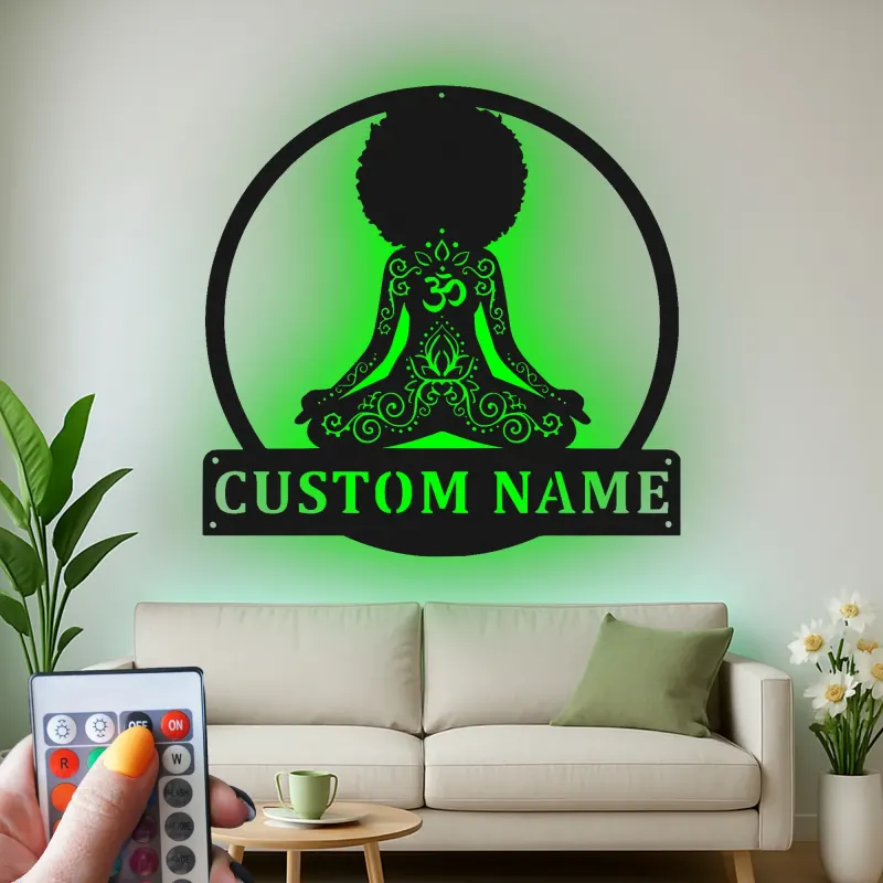 Custom Meditating Woman Led Light Metal Wall Art Yoga Lover Gift Zen Room or Meditation Space Decor