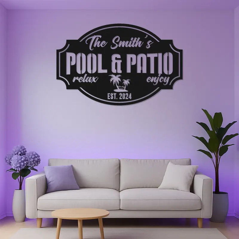 Custom Metal Pool Sign with LED | Personalized Patio & Bar Decor | Tropical Palm Tree Wall Art