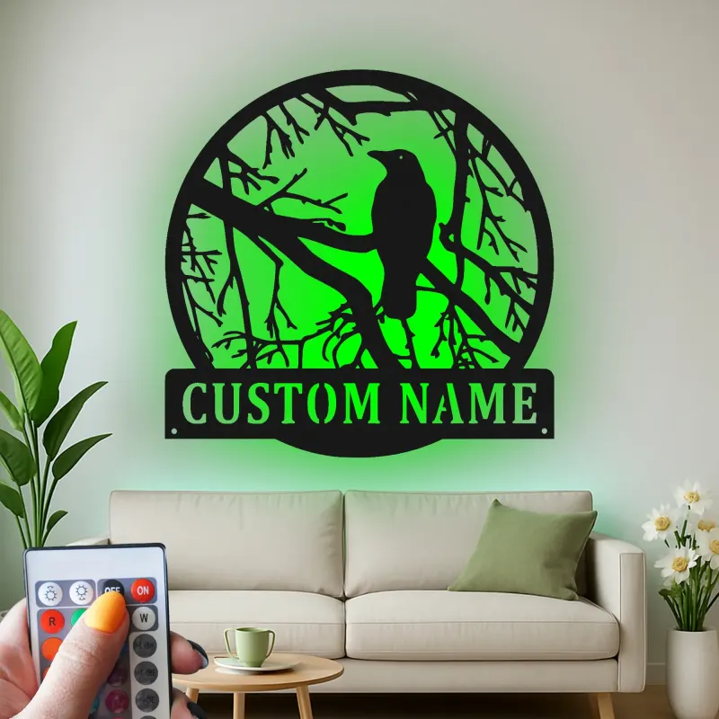 Custom Raven Metal Wall Art | Personalized LED Light Gothic Decor | Custom Name Sign for Home, Cabin or Studio