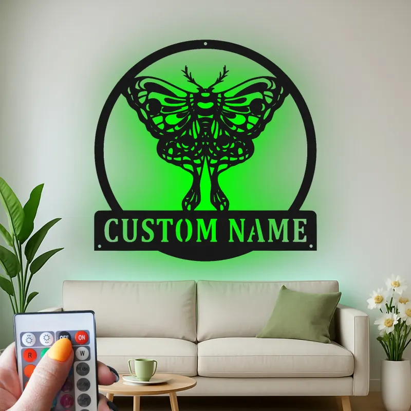 Cartel de metal LED con polilla, regalo personalizado para amantes de la naturaleza, decoración de dormitorio o sala de estar