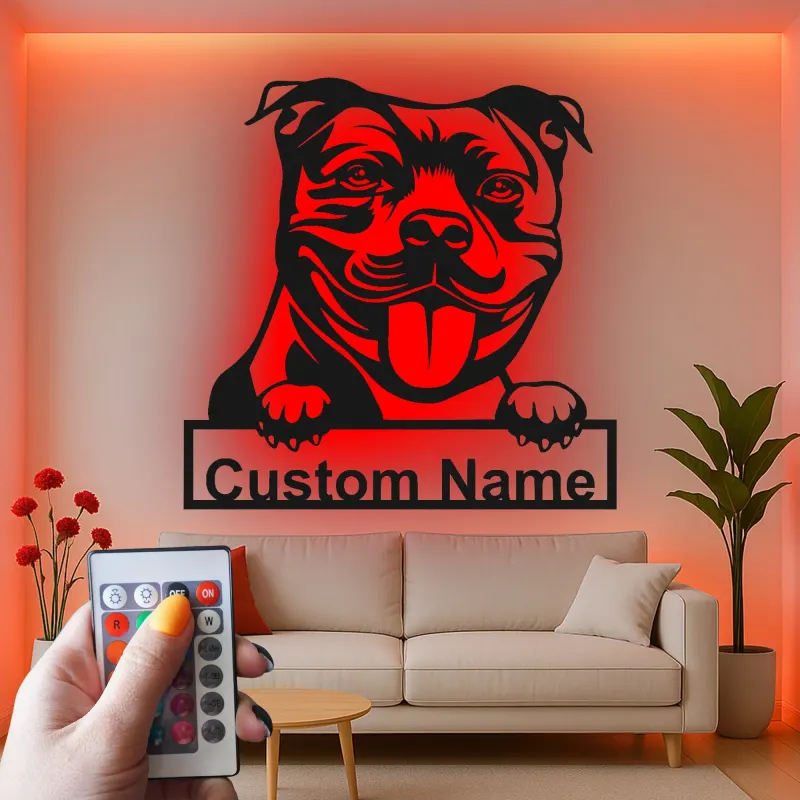 Insegna LED personalizzata con pitbull | Insegna in metallo con cane | Decorazione realistica con ritratto del pet | Regalo originale per amanti delle razze bully