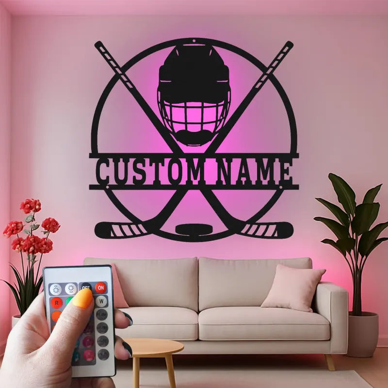 Cartel LED personalizado de jugador de hockey | Decoración mural de metal personalizada | Regalo deportivo para habitación infantil y cueva masculina