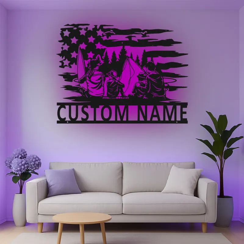 Insegna in metallo personalizzata per campeggio familiare - Luce LED - Regalo avventura all'aperto, decorazione rustica per cabin