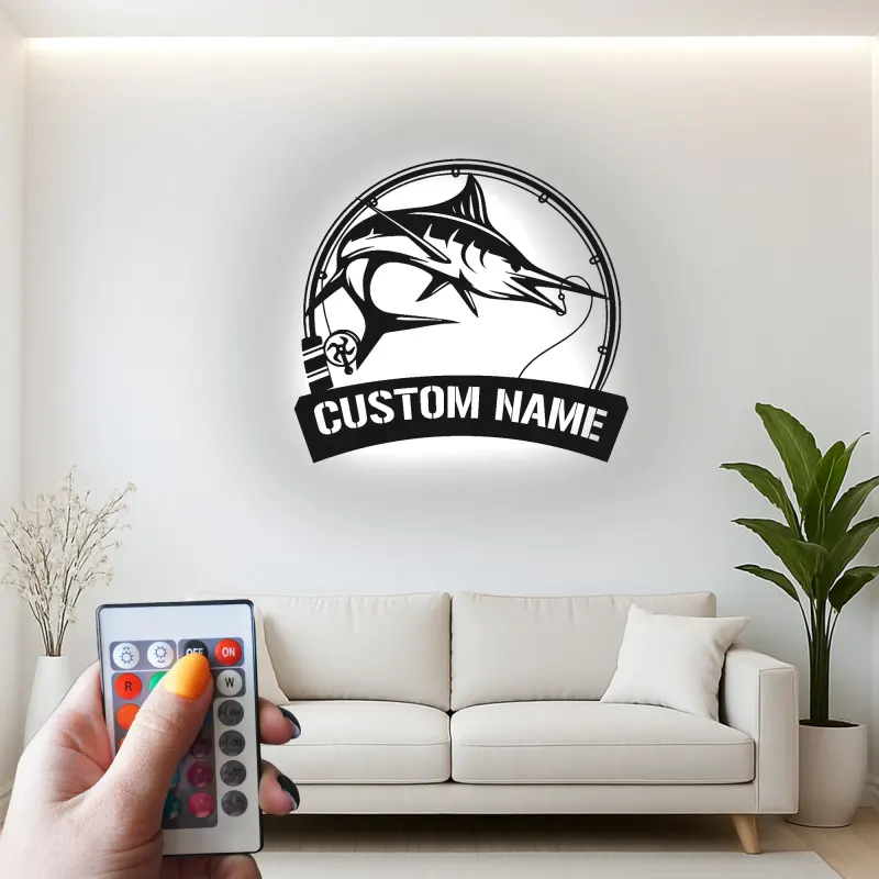 Enseigne en métal Marlin Fish personnalisée | Décor de pêche LED sur mesure | Cadeau pour pêcheur pour man cave | Art mural de maison au bord du lac