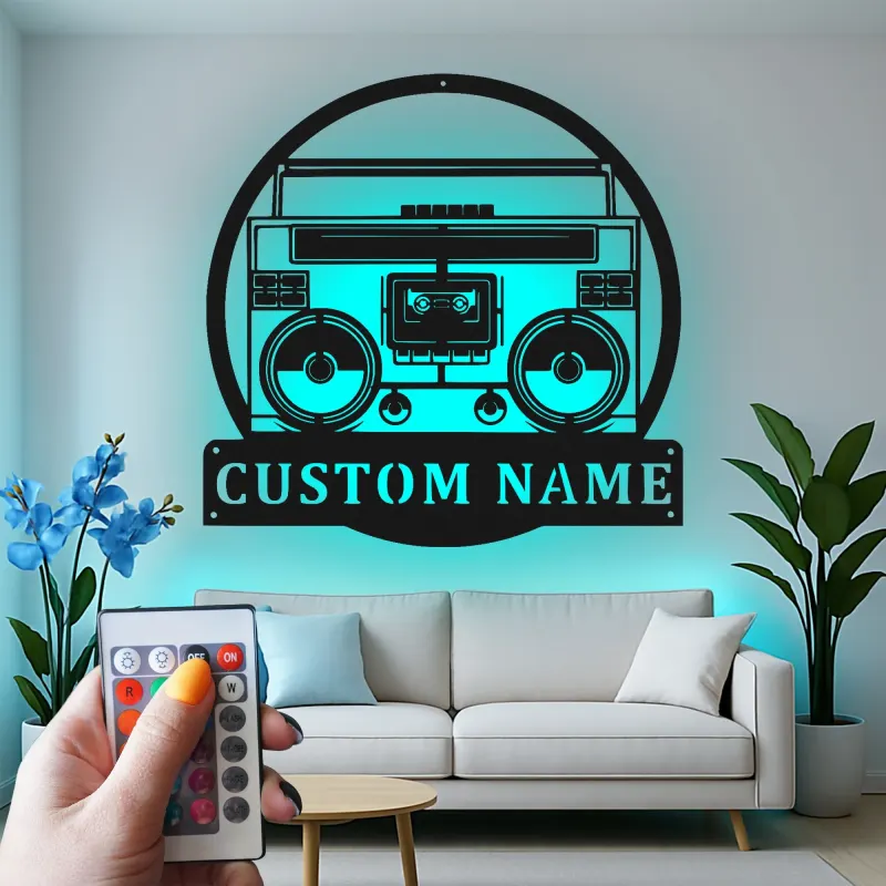 Insegna in metallo personalizzata con boombox e luce LED regalo per amanti della musica decorazione retro per sala giochi