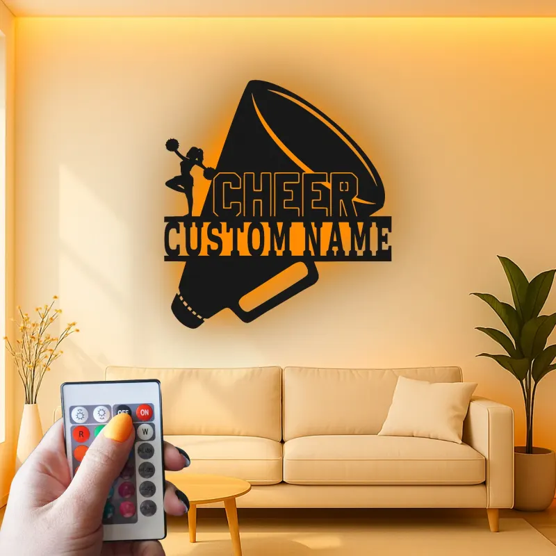 Custom Cheerleader Megaphone Led Light Metal Wall Art Cheer Gift for Teen Girls Bedroom Sports Decor
