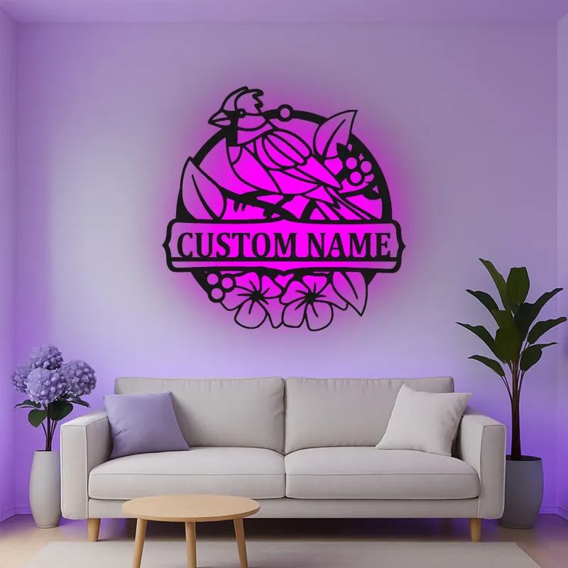 Insegna in metallo personalizzata con uccello e fiori e luce LED regalo per amanti della natura decorazione per soggiorno o giardino
