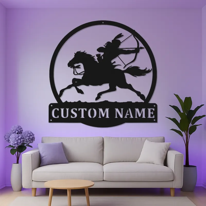 Letrero personalizado de arquero a caballo | Arte mural LED de metal personalizado | Regalo ecuestre para jinete | Decoración rústica para el hogar