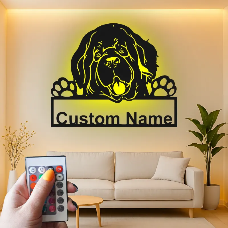 Custom Newfoundland Dog Led Light Metal Wall Art Personalized Pet Lover Gift Living Room or Entryway Decor
