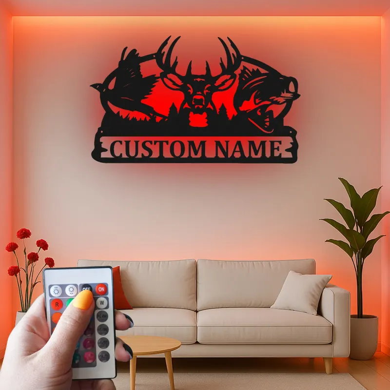 Cartel LED de escena de caza personalizado | Silueta de ciervo, pez y faisán de metal | Decoración personalizada para cabañas de vida silvestre | Regalo premium para cazadores