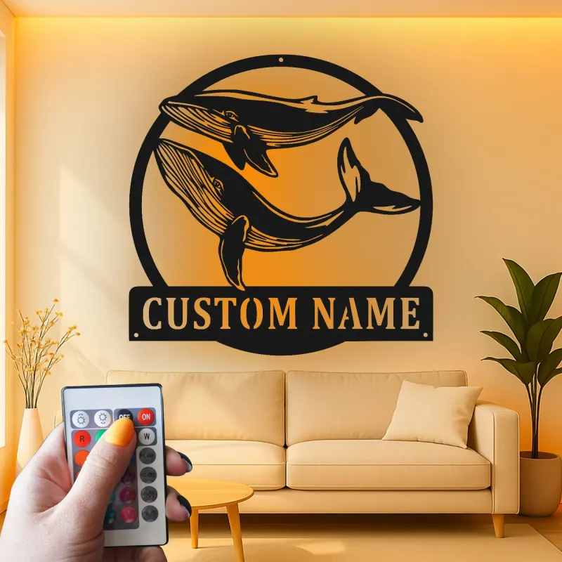 Custom Whale Pair Led Light Metal Wall Art Ocean Lover Gift Nautical Decor for Living Room