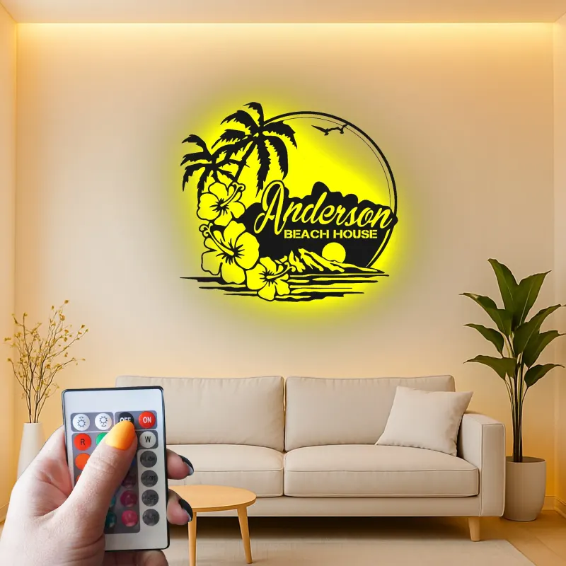 Insegna in metallo personalizzata con luce LED per casa al mare - Regalo personalizzato per ritiri costieri e decorazione tropicale