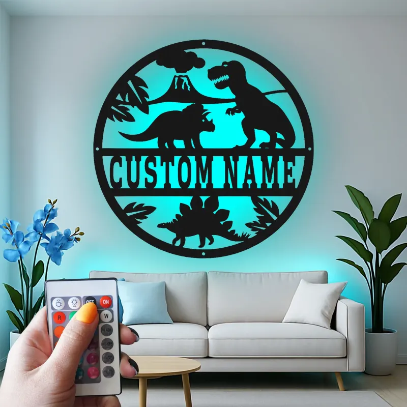 Insegna in metallo LED personalizzata con dinosauro per decorare la stanza dei bambini, regalo per la nursery per amanti dei dinosauri